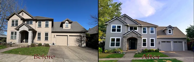 Before and after: a two-story home updated from beige to gray siding with stone accents