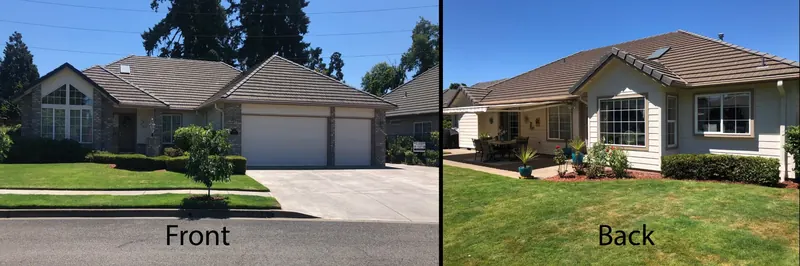 Front and back views of a single-story home with new siding