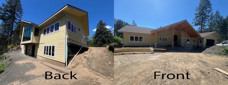 Back and front of a yellow home under construction
