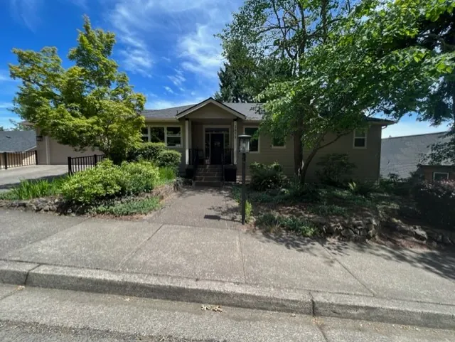 Craftsman-style home with olive siding behind mature landscaping